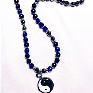 Natural Sapphire Tiger's Eye gemstone beaded necklace w ying yang